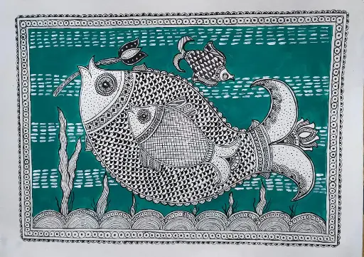 Madhubani Fish Painting , Ethenic Handmade Paintin